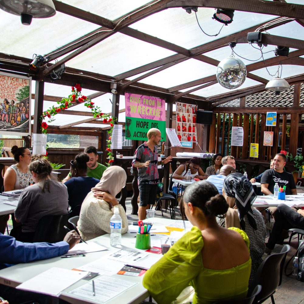 A group of people in conversation