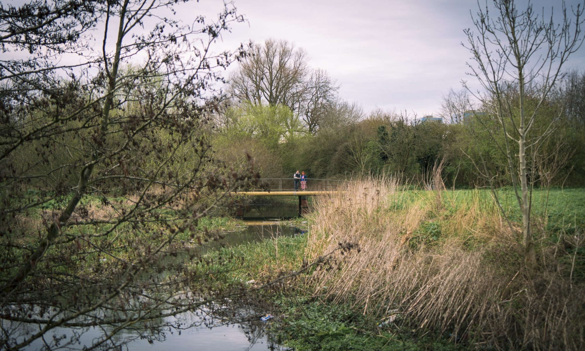 Two people standing on a bridge over a river